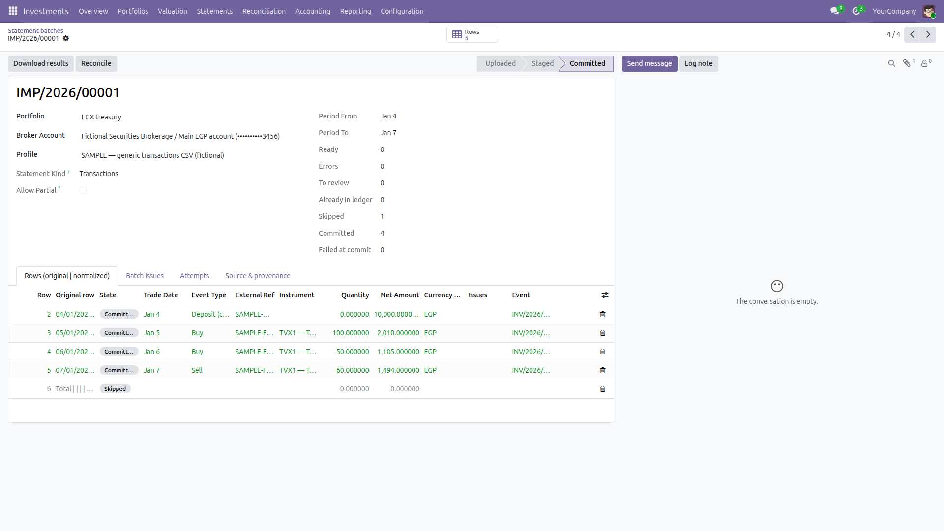 A committed statement batch: each row of the broker’s CSV shown as written next to what it was read as - trade date, event type, broker reference, instrument, quantity and net amount - with the totals row checked and skipped. Fictional sample file.