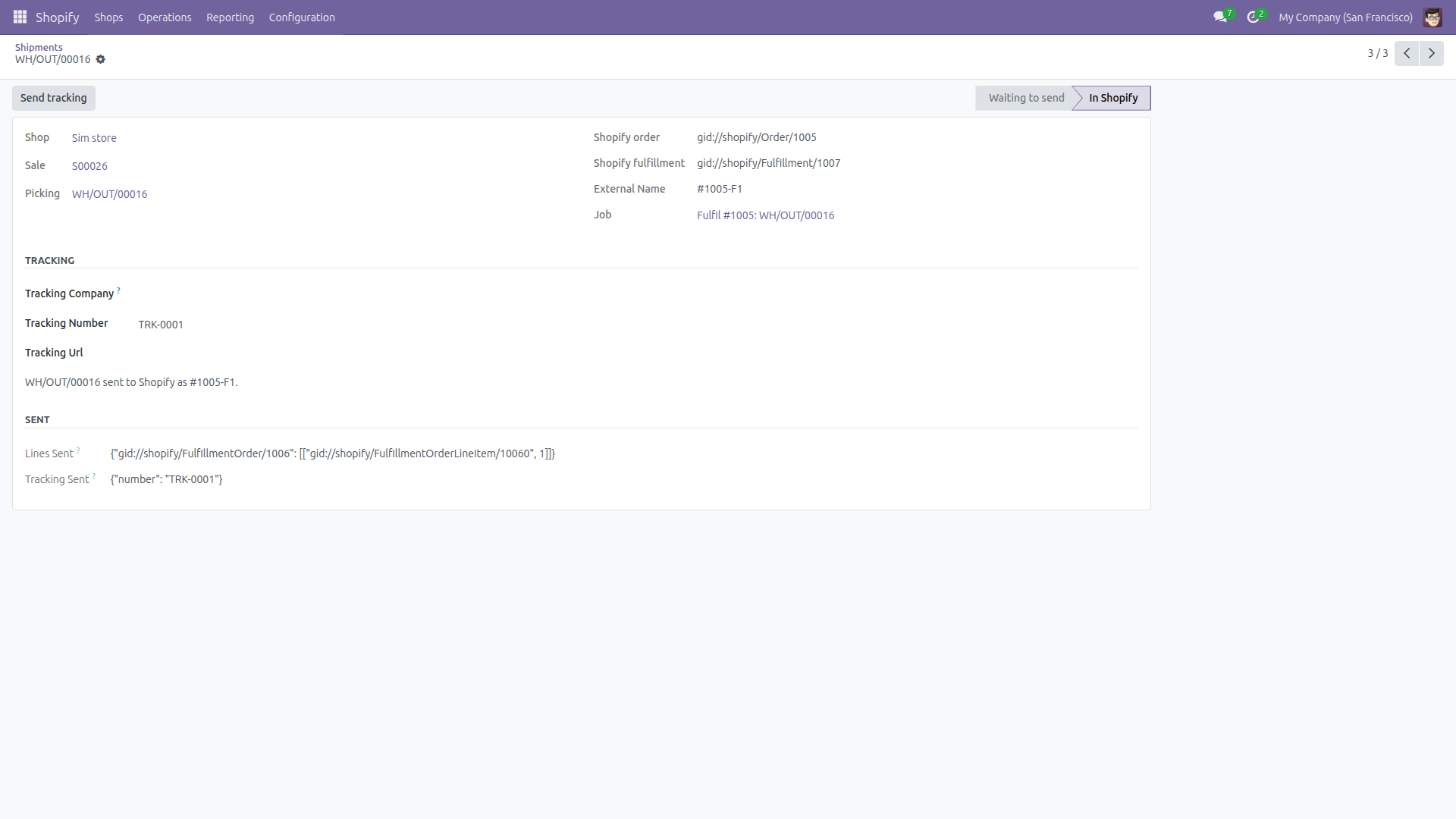 One fulfillment record: the simulated Shopify order and fulfillment IDs, the tracking number, and exactly which fulfillment-order lines were sent.