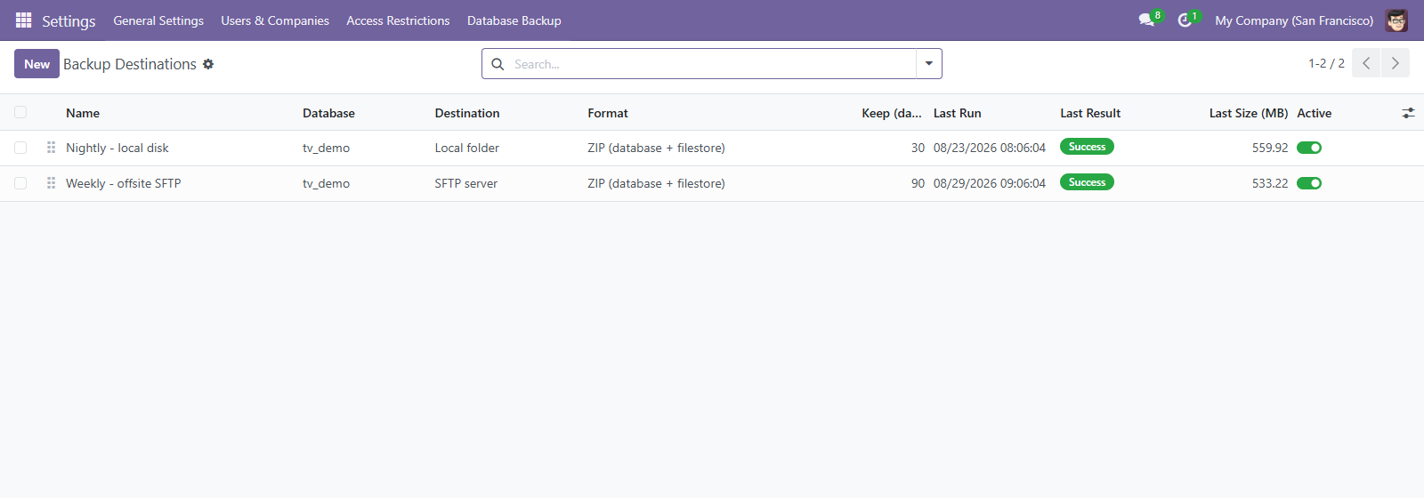 Backup destinations - local disk and offsite SFTP - each with its format, retention and last run.