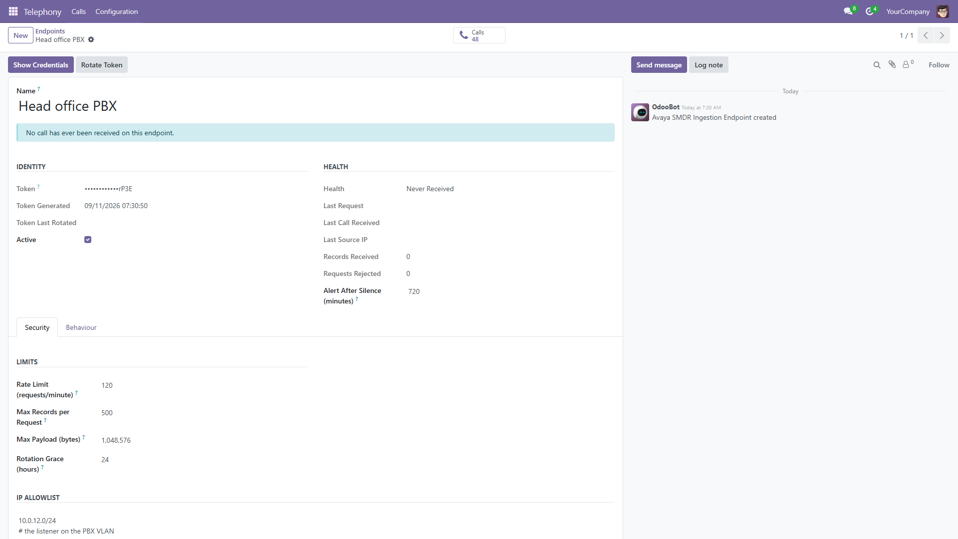 The PBX endpoint: health, last call received, the masked webhook token, the IP allowlist and the rate limit.