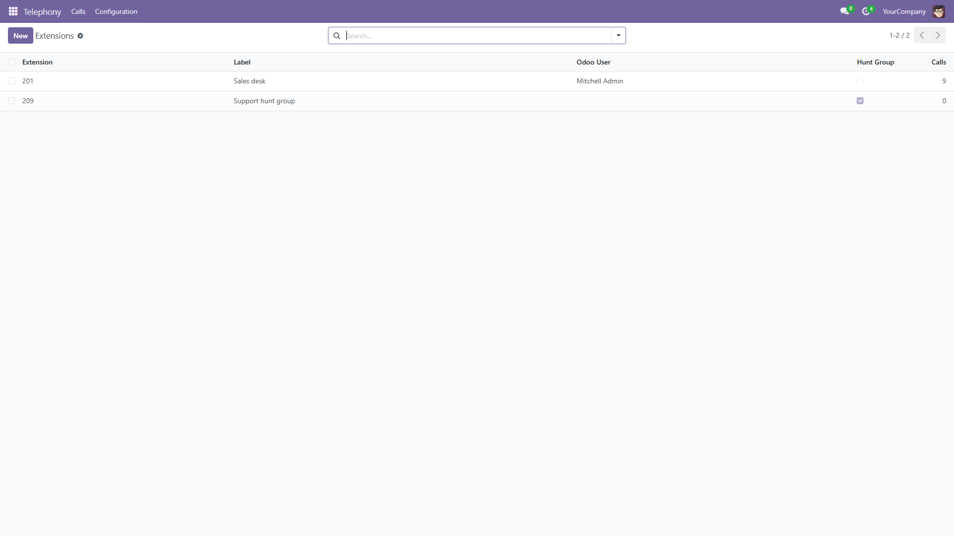 Extensions mapped to Odoo users, which is what turns a number into a name on every call.
