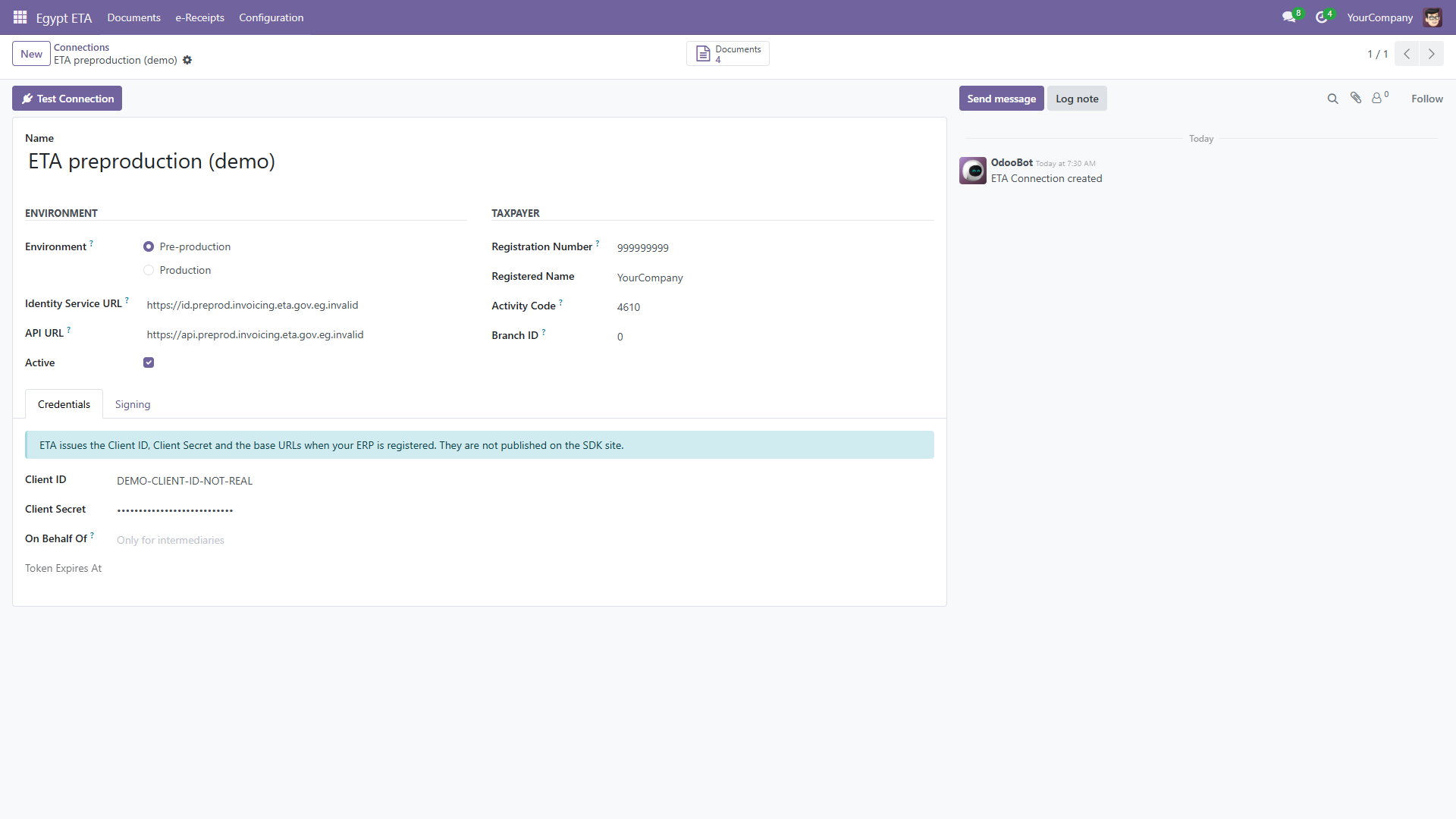 The ETA connection: pre-production environment, the identity and API URLs, the taxpayer registration number, activity code and branch.