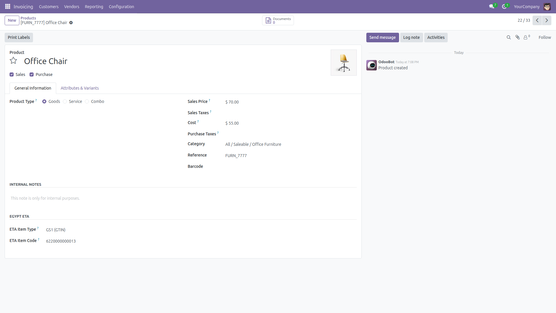 A demo product with the module's Egypt ETA section: item type GS1 (GTIN) and a placeholder item code, on the product record itself.