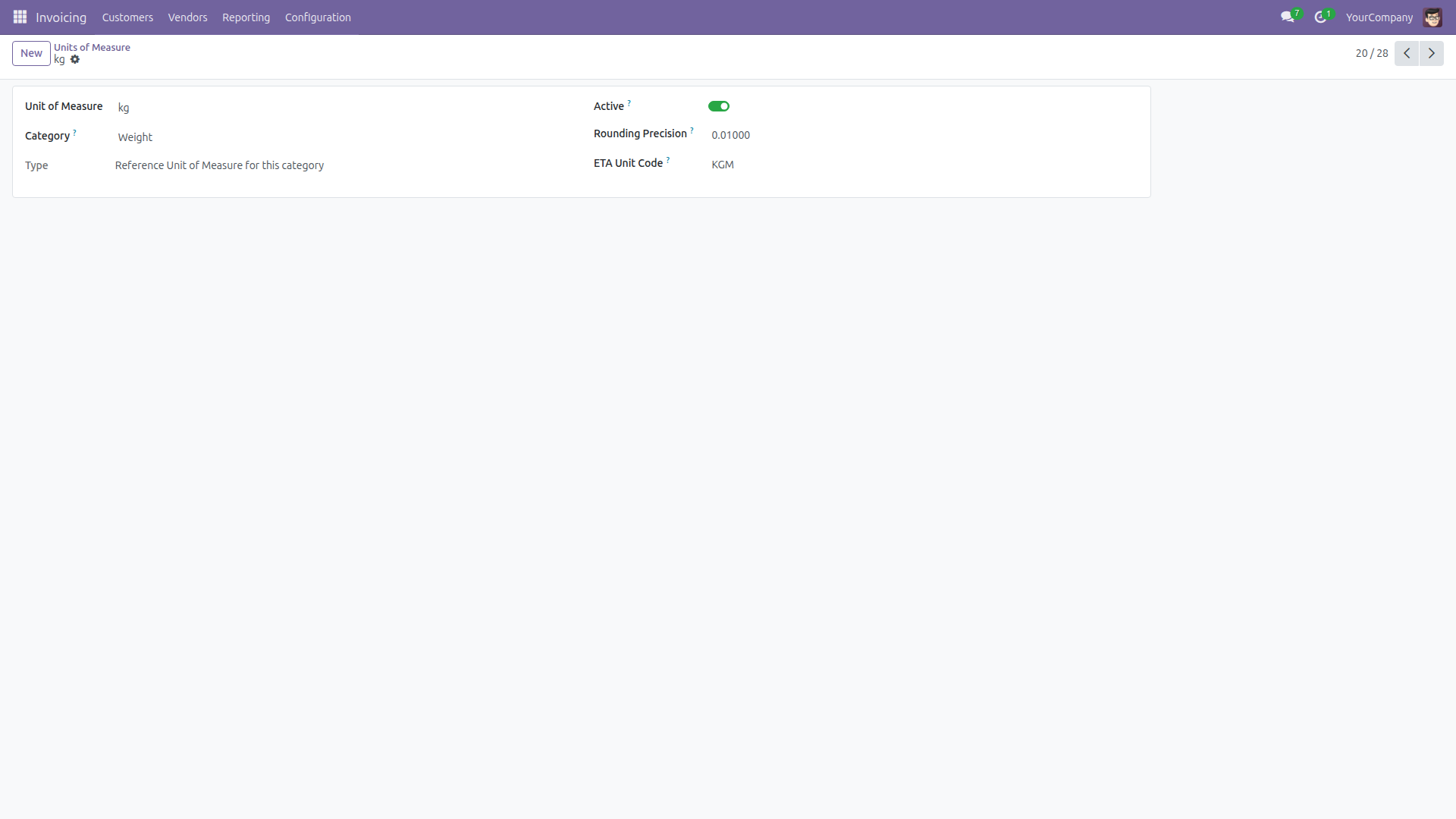 The kg unit of measure with its ETA unit code, KGM, entered for this screenshot.