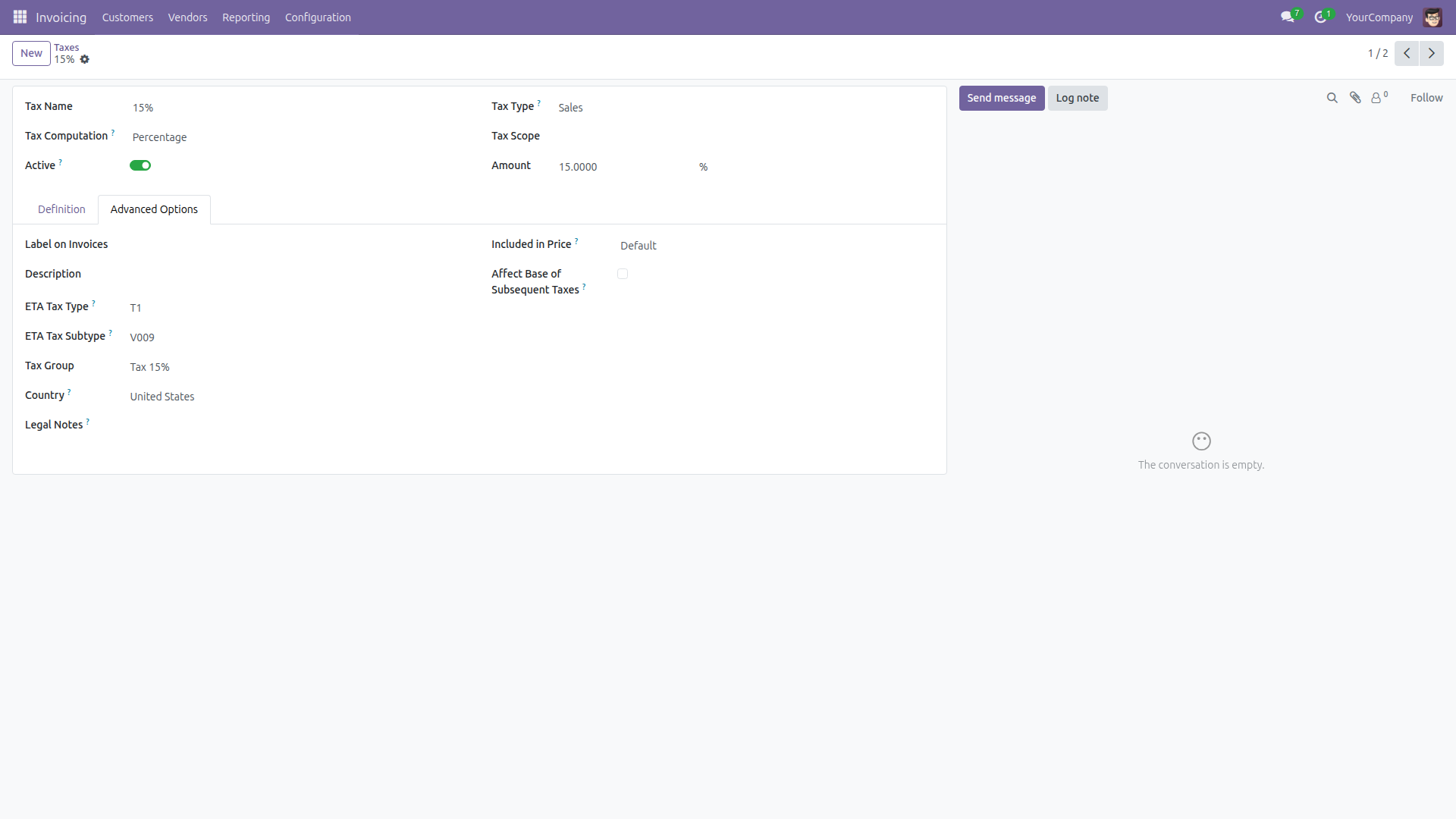 A demo sales tax with the ETA tax type T1 and subtype V009 entered for this screenshot. The demo company is not Egyptian, so the rate shown is not Egypt's VAT.