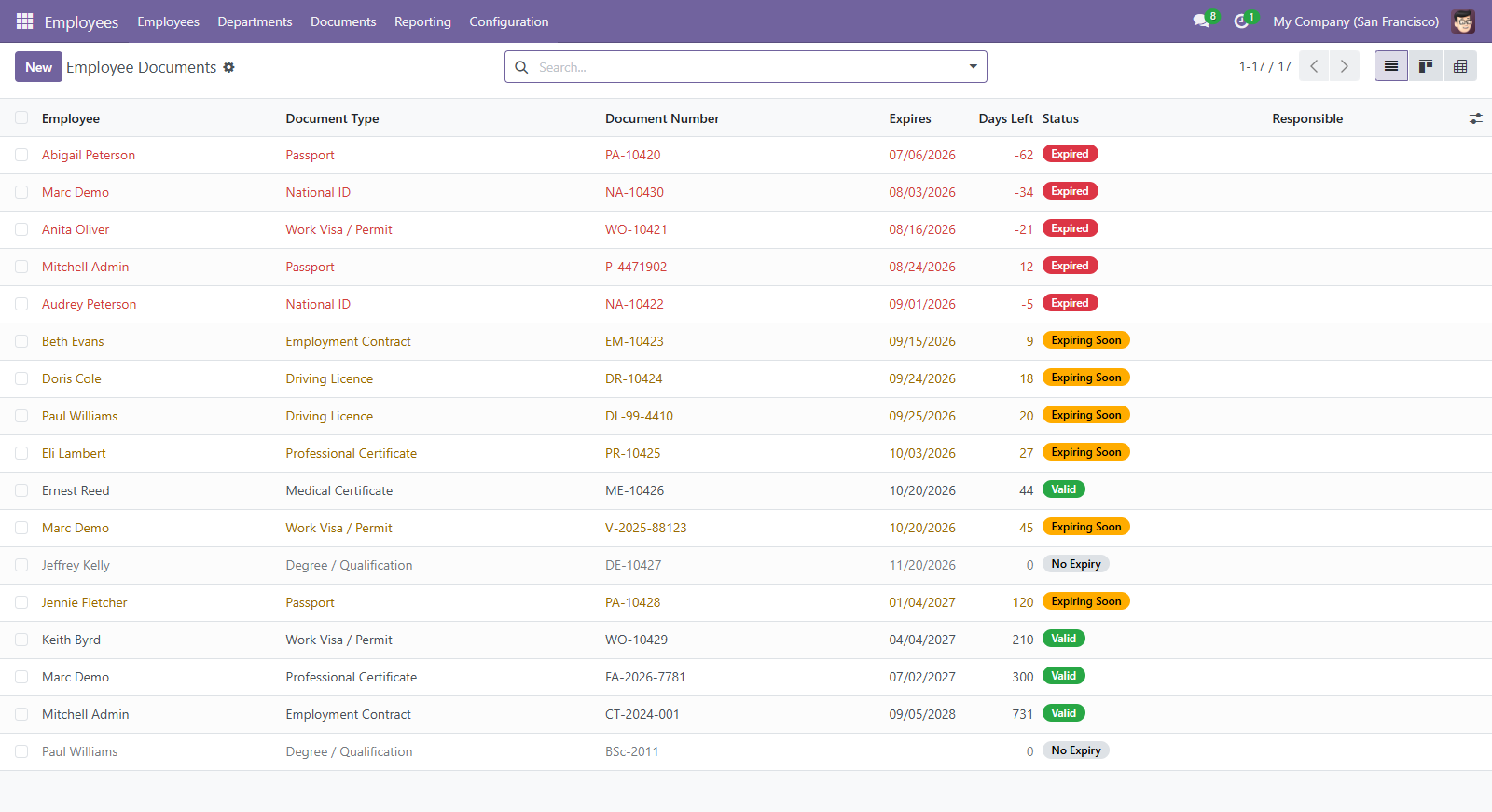 Every tracked document with its employee, type, number and expiry date.
