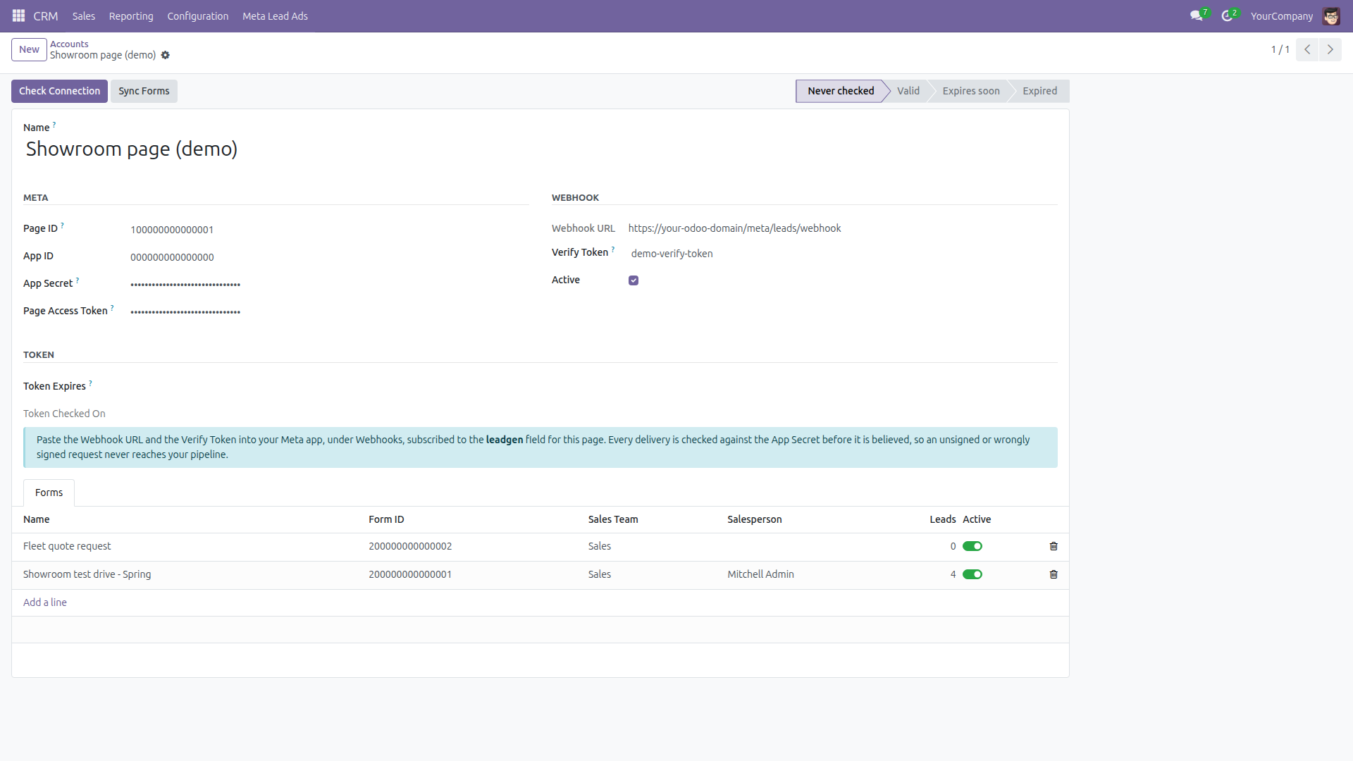 A Meta Lead Ads account with placeholder page and app IDs, the app secret and page token masked, the webhook URL and verify token to paste into the Meta app, and two Lead Ad forms. The forms were listed from a local stand-in for the Graph API, not from Meta.