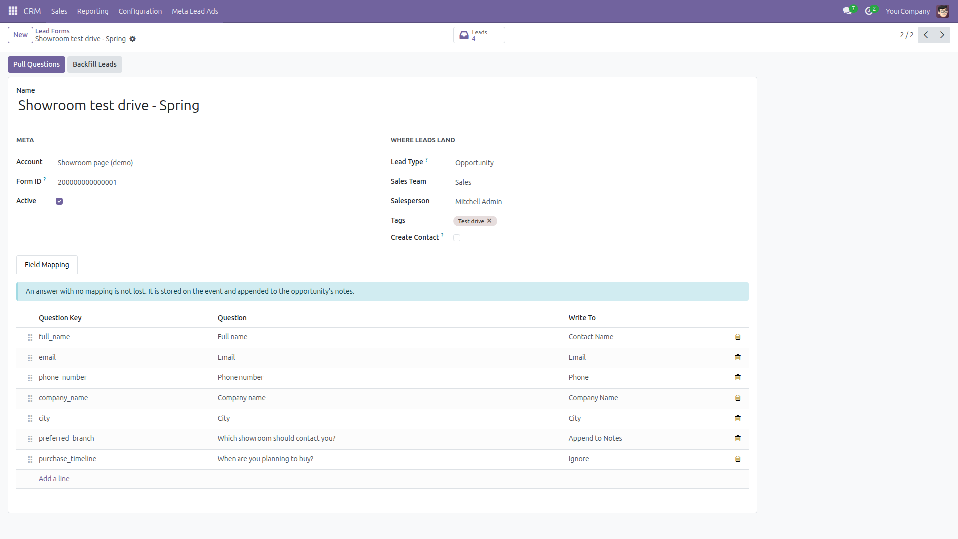A Lead Ad form sending leads to the Sales team as opportunities tagged Test drive, with each of its seven questions mapped to a contact field, to the notes, or ignored. The questions are invented for the demo.