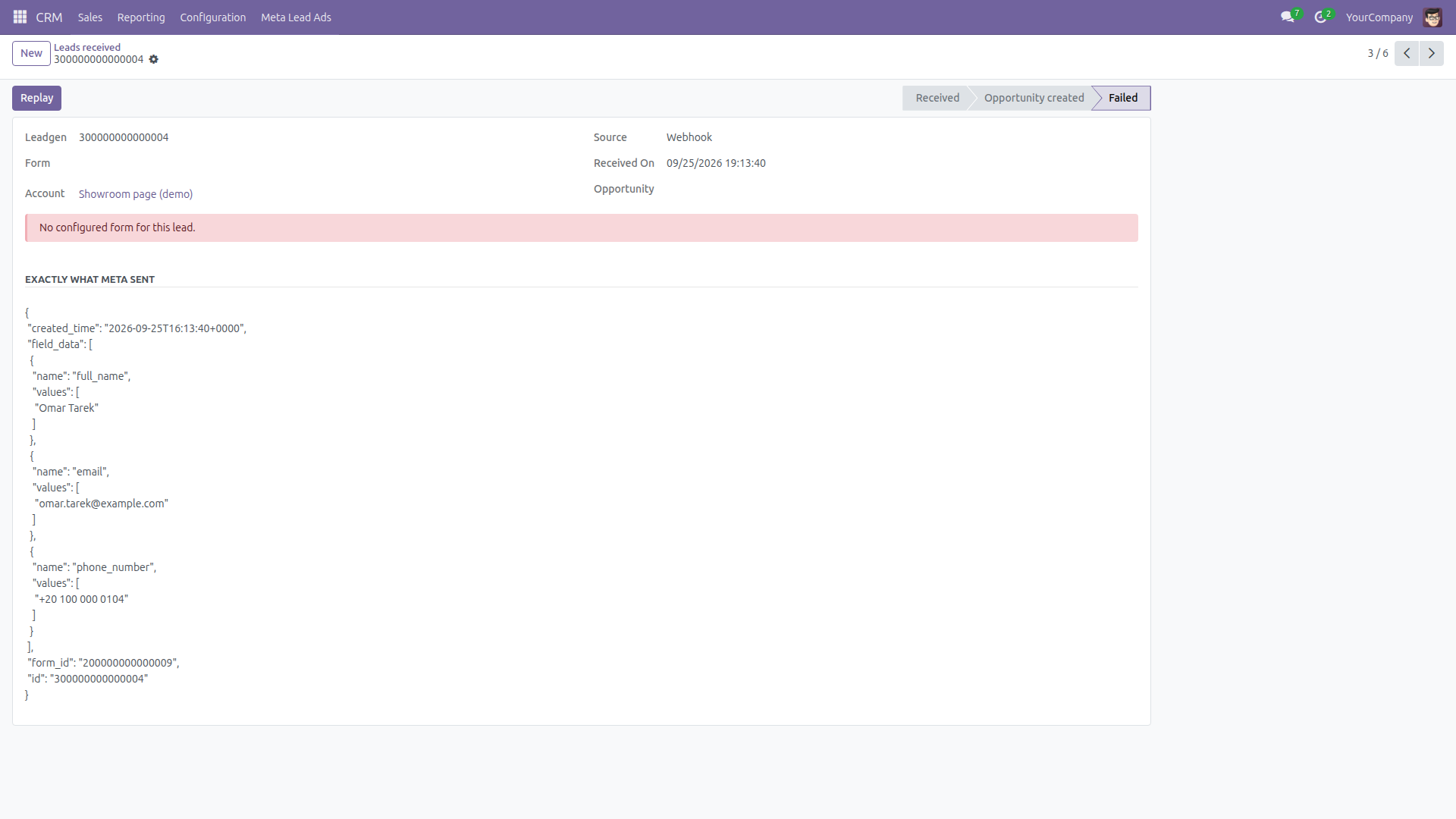 A failed delivery with its reason, No configured form for this lead, the stored payload of an invented example.com contact, and the Replay button. A test delivery signed locally.