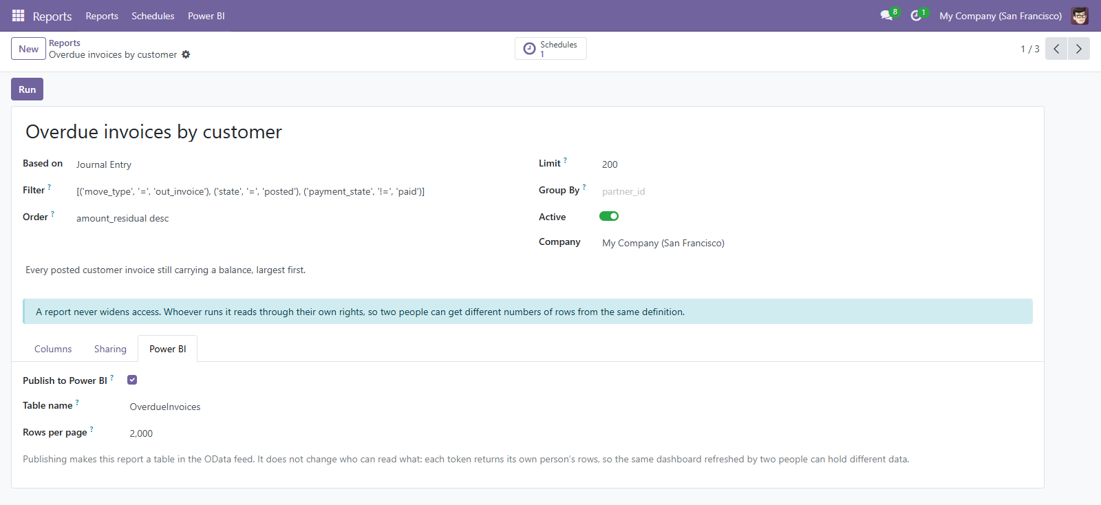 The Power BI tab on a report definition: publish, the table name Power BI will show, and the rows per page.