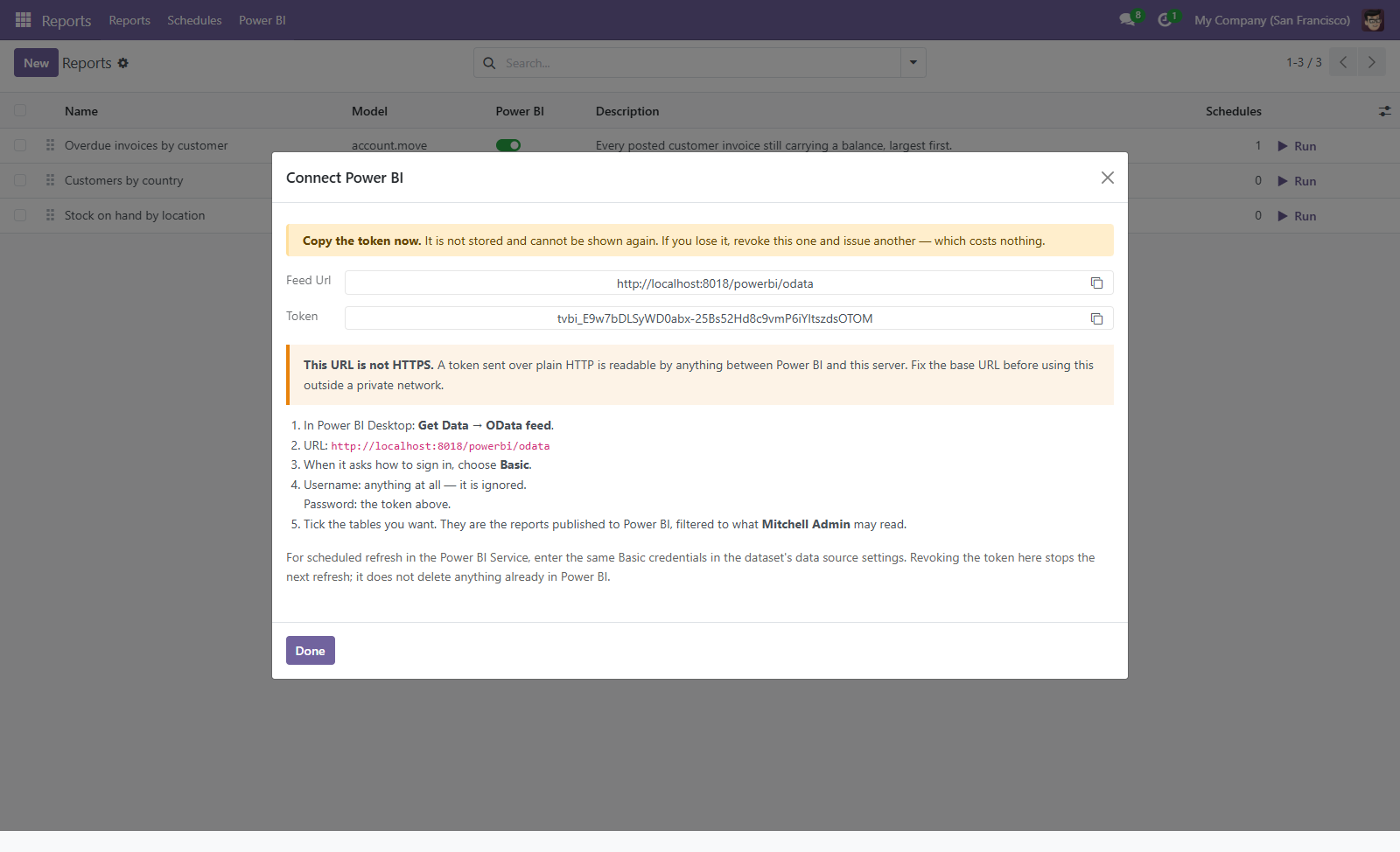 The connection wizard: the feed URL, the token shown once, the exact Power BI steps, and a warning that this instance is not served over HTTPS.
