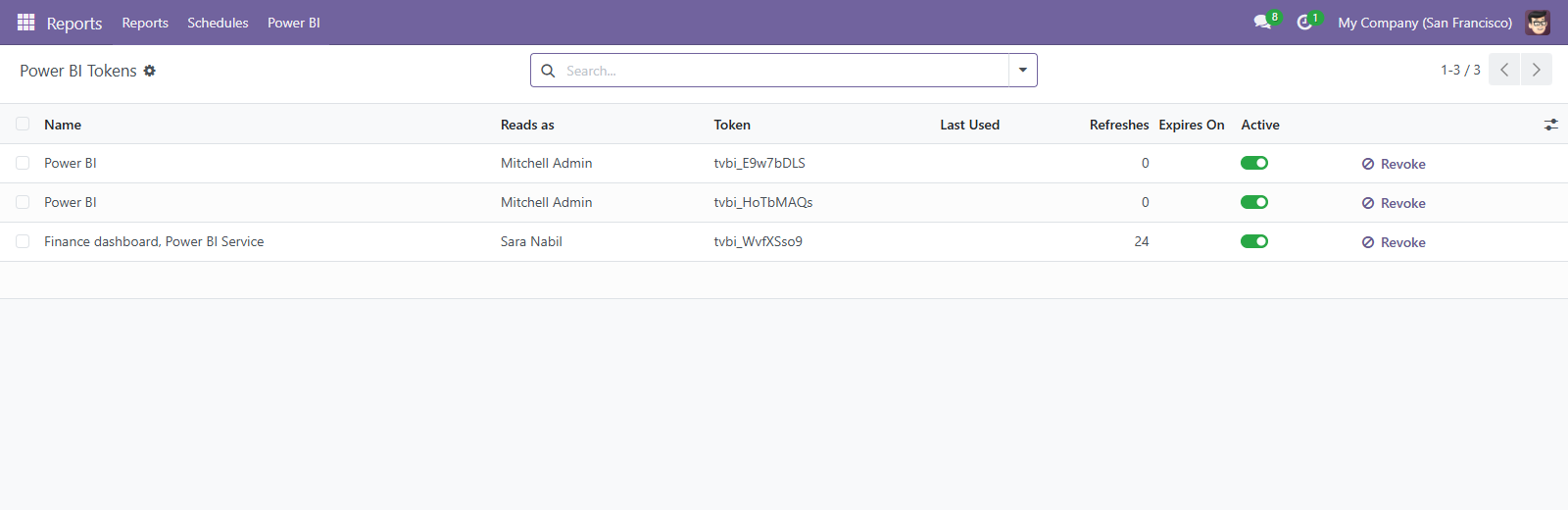 The token list: who each reads as, when it last refreshed, how many times, and a revoke button.