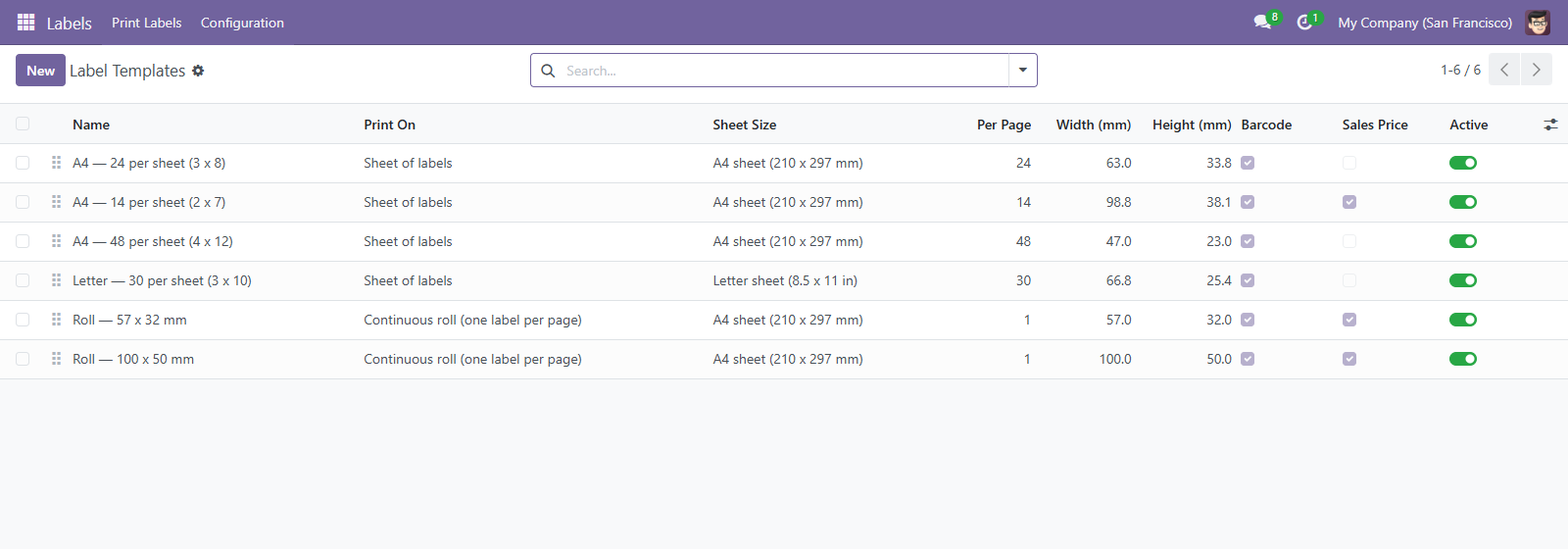 Label templates: sheet and roll layouts with their grid, label size and labels per page.