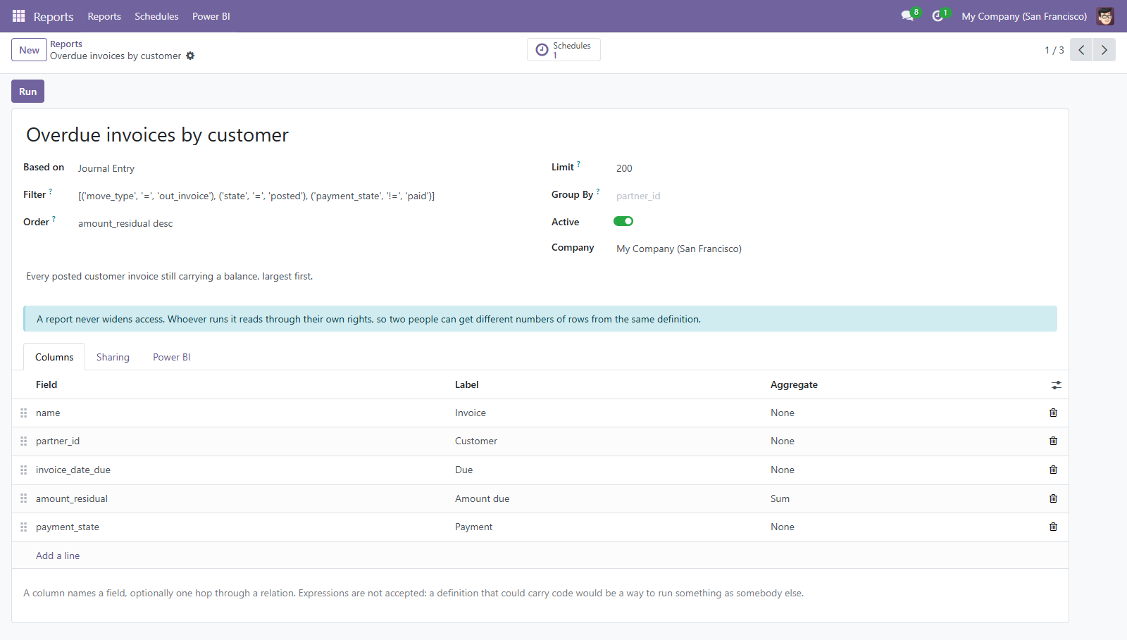 A report definition: the model, the filter, the sort order and the columns in the order they appear.