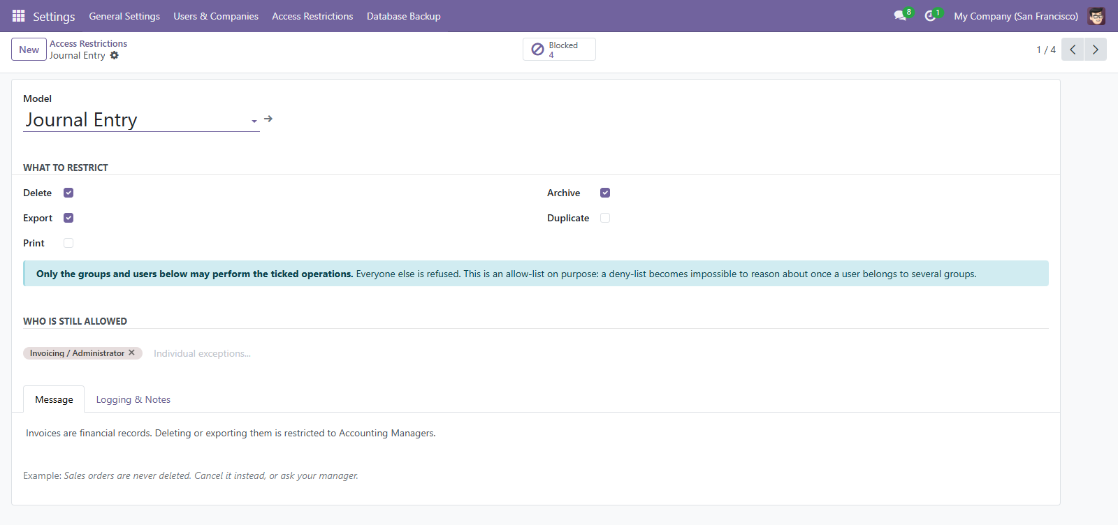 A restriction rule for Journal Entry: the operations it covers, the groups exempt from it, and the message a blocked user is shown.