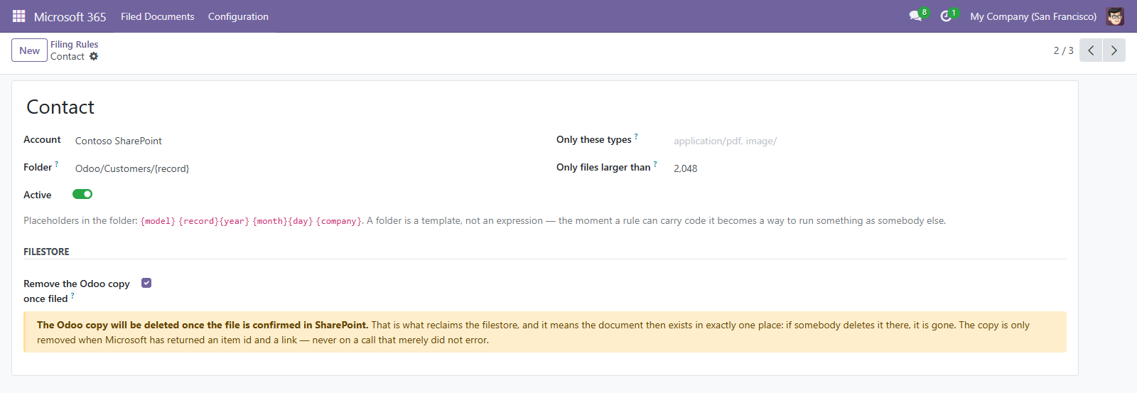 A rule for contacts: the folder template, a type filter, a size floor, and the warning shown when the Odoo copy is set to be removed.