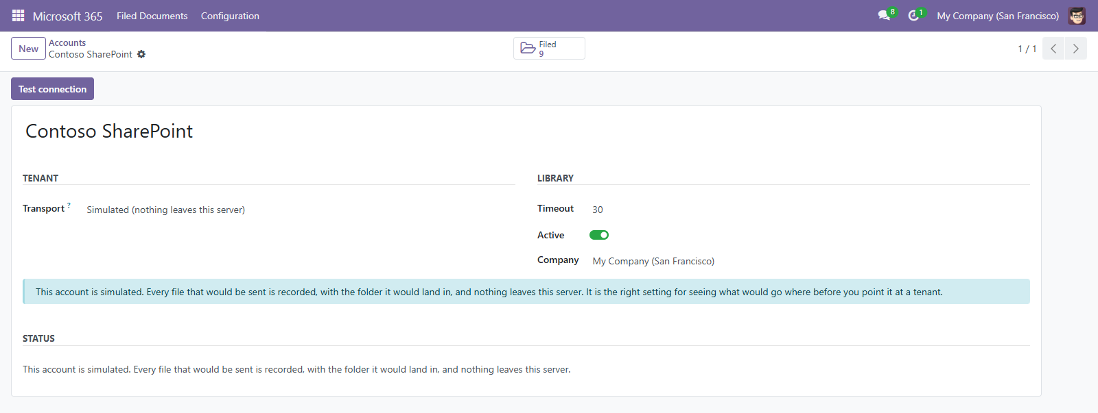 The account form on the simulated transport, explaining that every file that would be sent is recorded and nothing leaves the server.