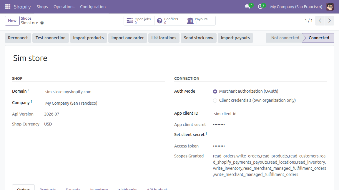 A shop connected with Shopify’s OAuth to the Shopify API simulator: the domain, API version 2026-07, the granted scopes, and the secrets shown only as a mask.
