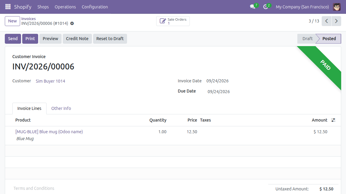 The customer invoice marked paid by Odoo through the payout, not by a second payment entered by hand.